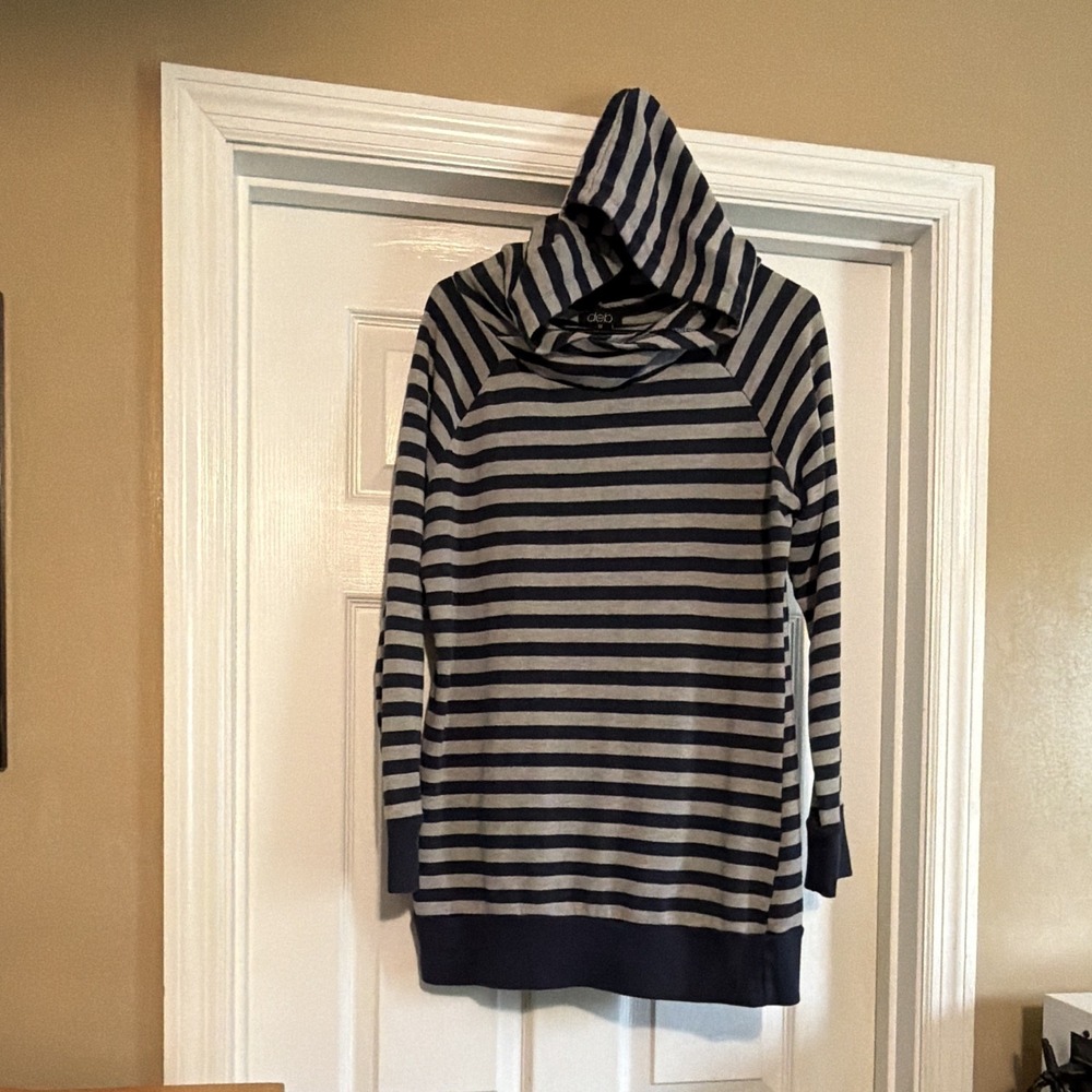 deb Women's Plus 1X Hooded Pullover Hoodie Navy Gray Striped Long Sleeve - Picture 2 of 9